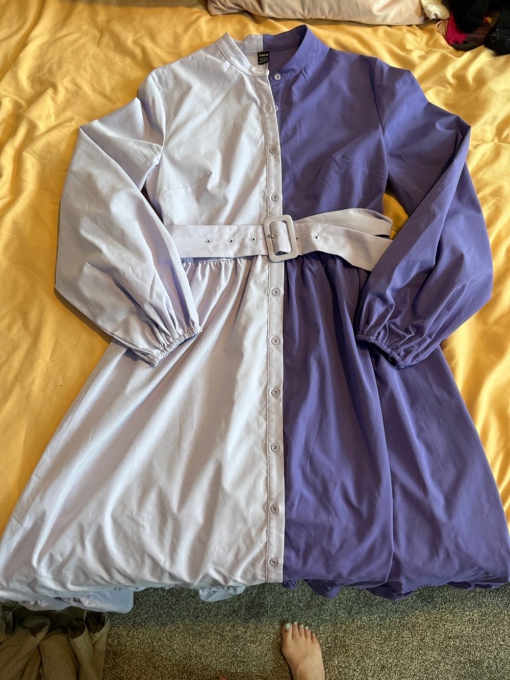 Two-Tone Lavender & Lilac Button-Front Dress with Belt